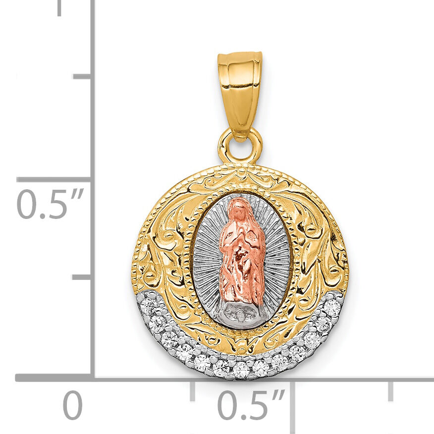 10K Two-Tone w/ Rhodium CZ Lady Of Guadalupe Round Pendant-10C1335