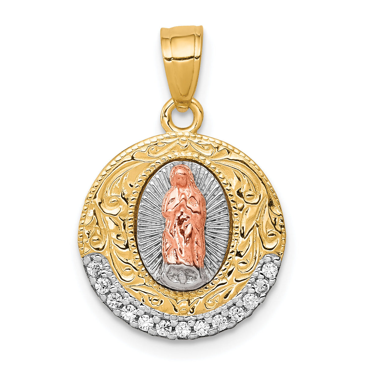 10K Two-Tone w/ Rhodium CZ Lady Of Guadalupe Round Pendant-10C1335