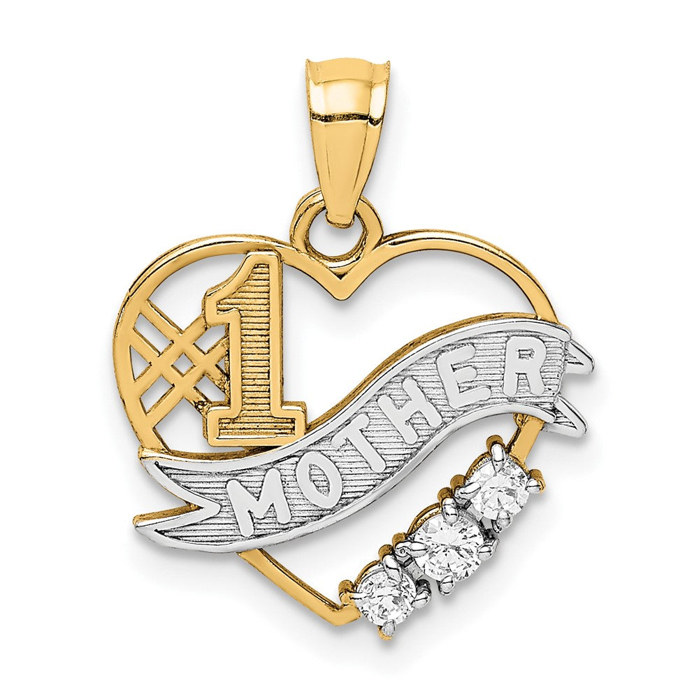 10K W/Rhodium CZ #1 MOTHER In Heart Pendant-10C1351