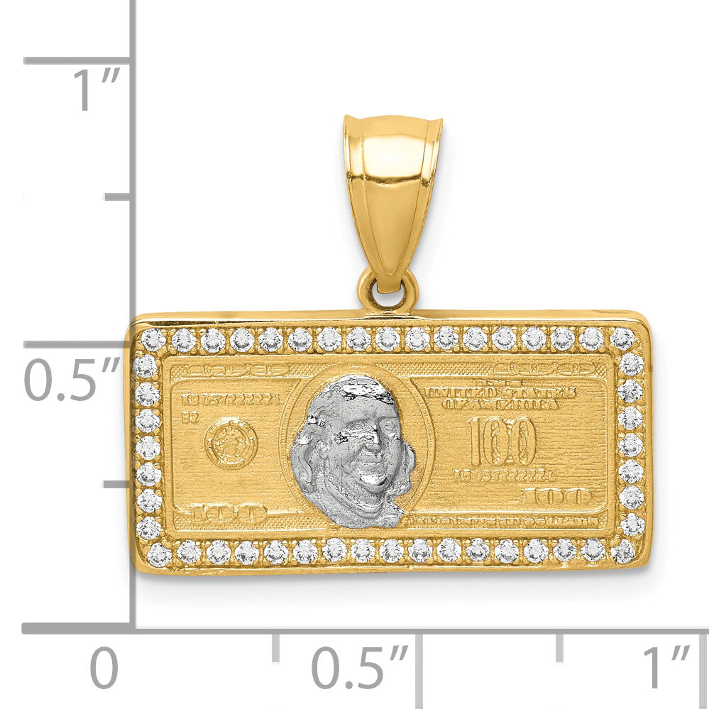 10K w/Rhodium CZ Micropave 100 Dollar Bill Pendant-10C1362