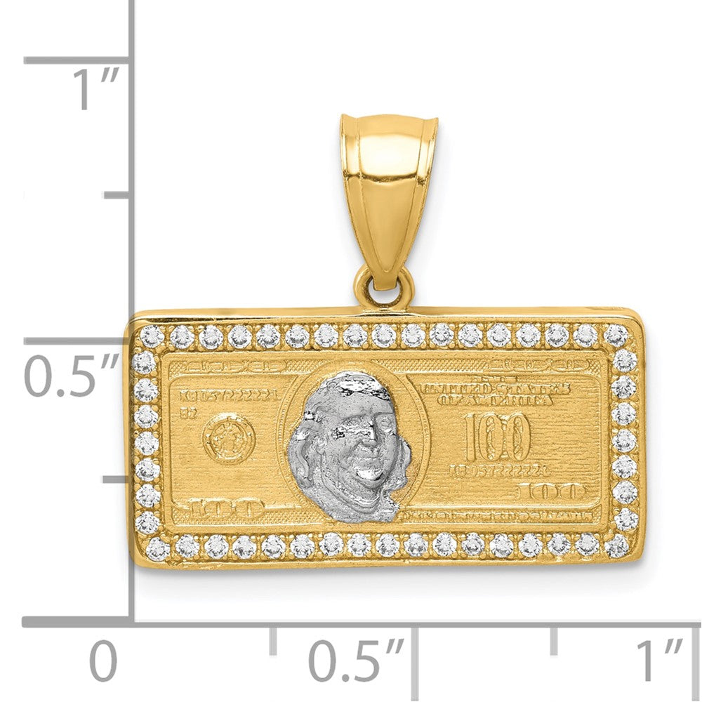 10K w/Rhodium CZ Micropave 100 Dollar Bill Pendant-10C1362