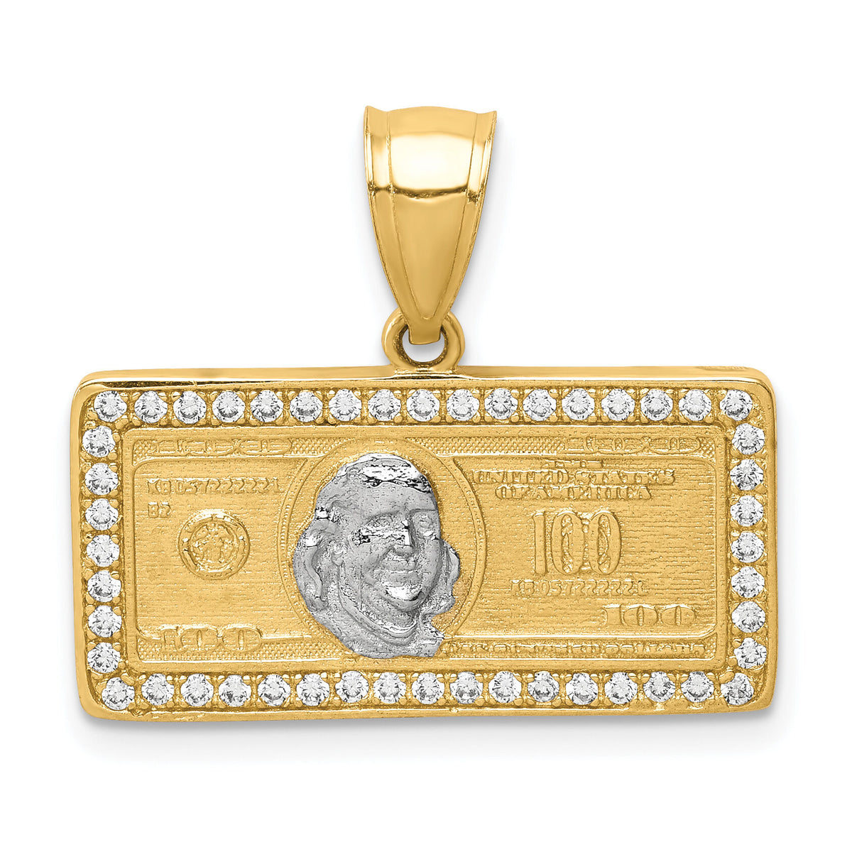 10K w/Rhodium CZ Micropave 100 Dollar Bill Pendant-10C1362