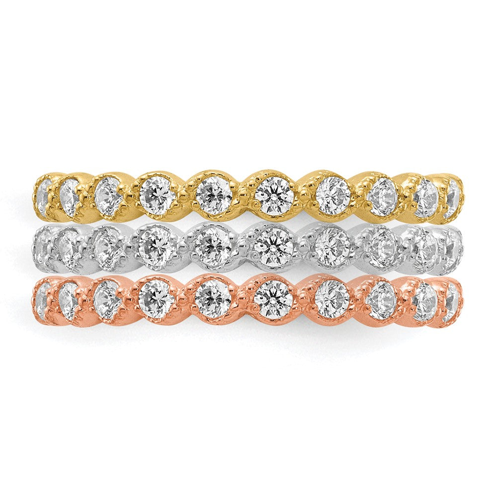 10K Tri-color Set of Three Stackable CZ Rings-10C1384