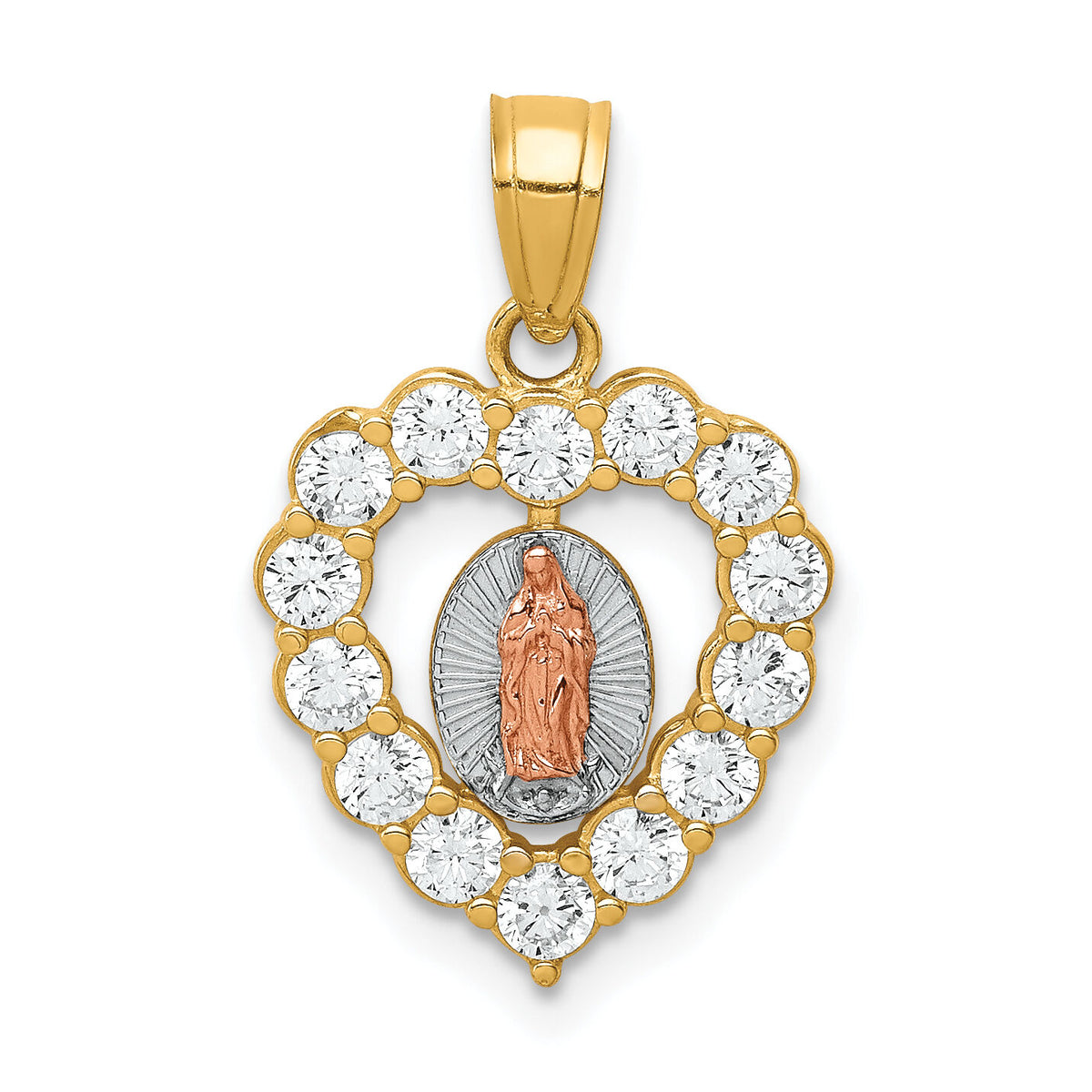 10K Two-Tone W/White Rhodium CZ Guadalupe Heart Pendant-10C1447