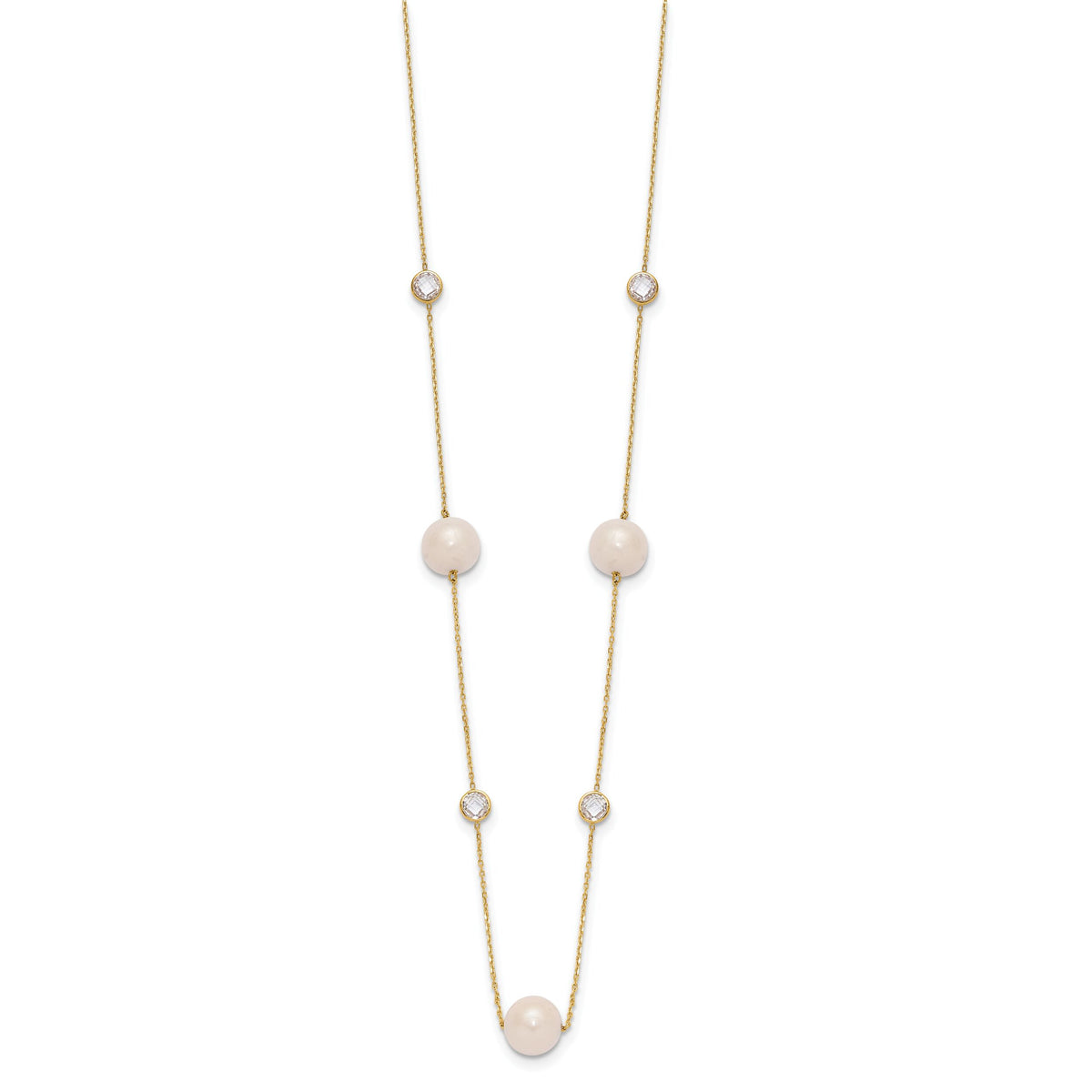 10K Polished CZ and 7-8mm FWC Pearl 7 Station Necklace-10C1470-20