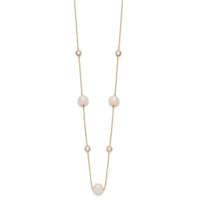 10K Polished CZ and 7-8mm FWC Pearl 7 Station Necklace-10C1470-20