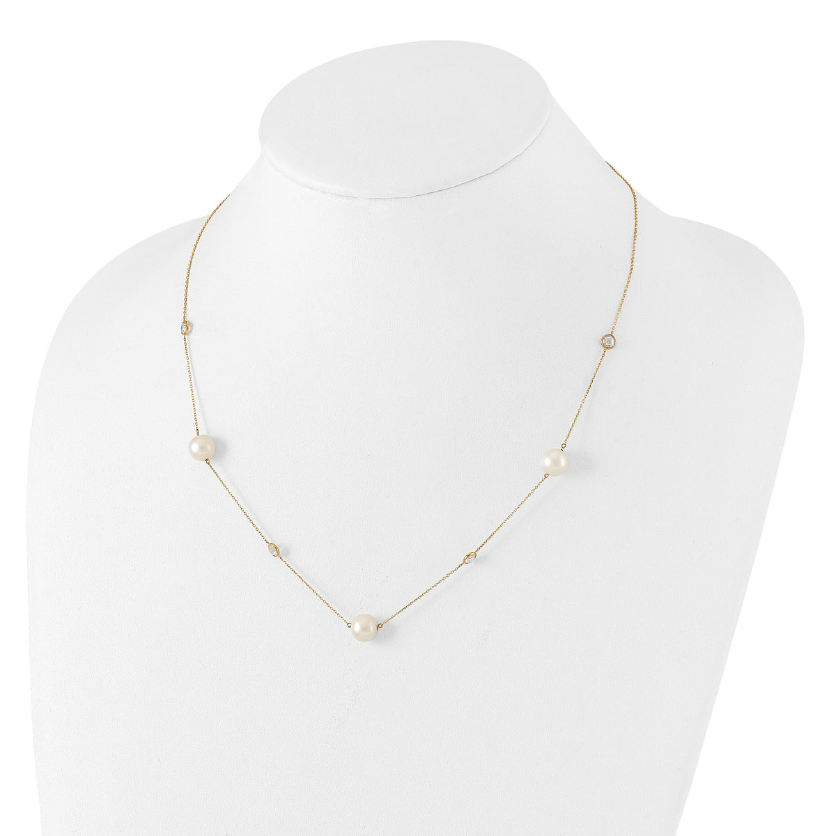 10K Polished CZ and 7-8mm FWC Pearl 7 Station Necklace-10C1470-20