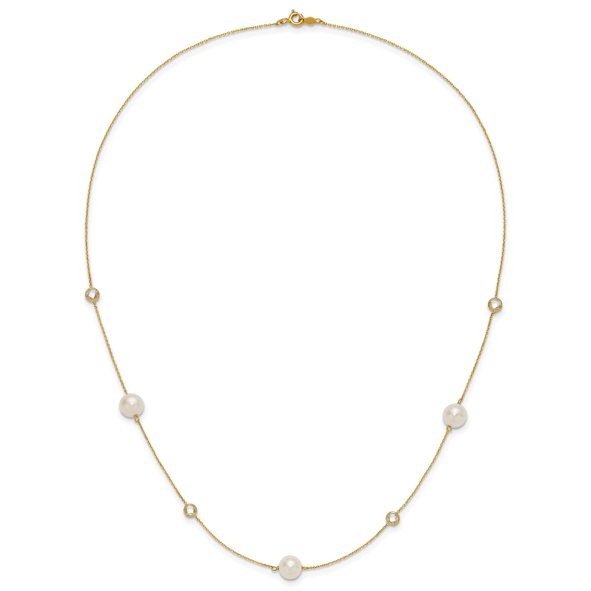 10K Polished CZ and 7-8mm FWC Pearl 7 Station Necklace-10C1470-20