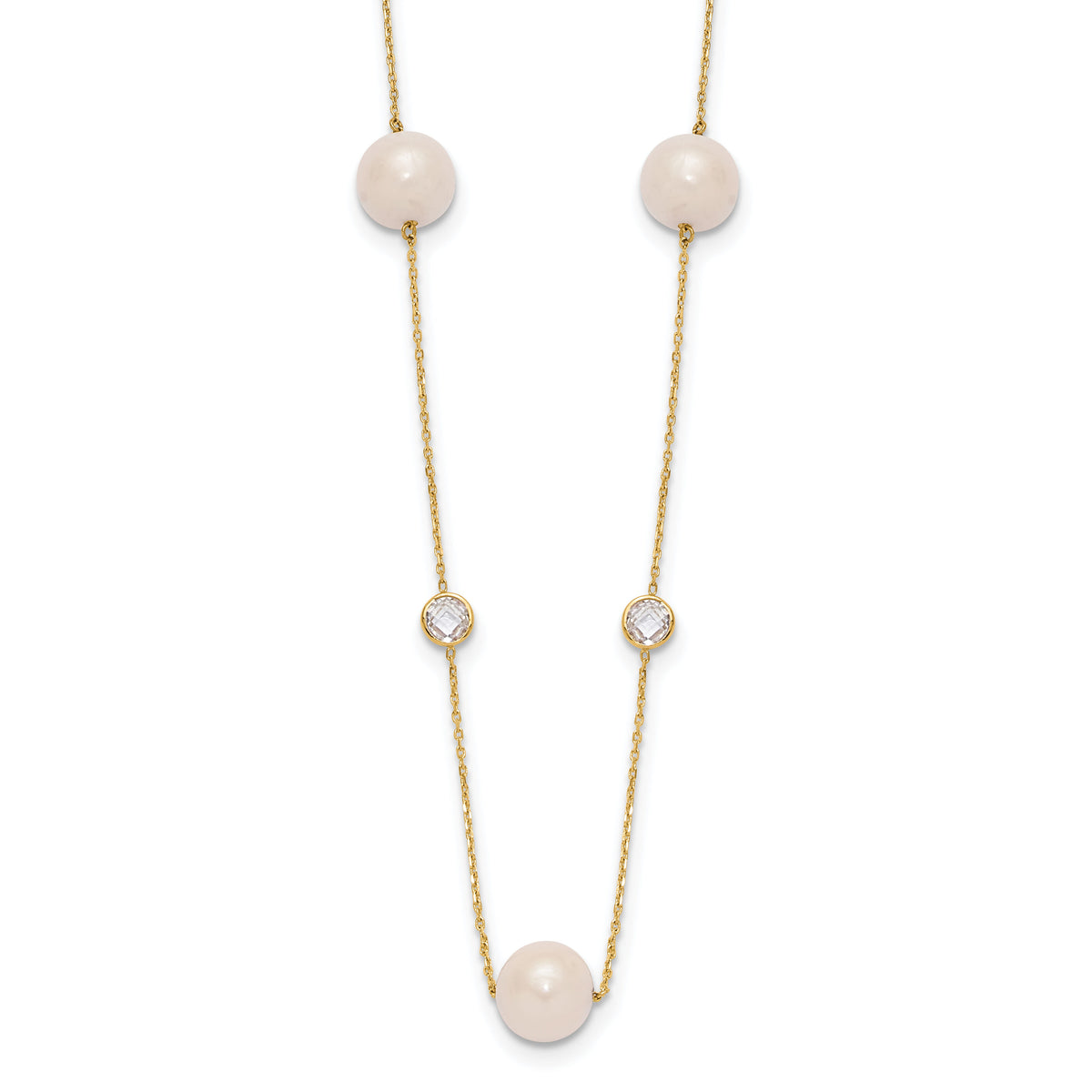 10K Polished CZ and 7-8mm FWC Pearl 7 Station Necklace-10C1470-20