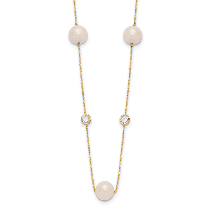 10K Polished CZ and 7-8mm FWC Pearl 7 Station Necklace-10C1470-20