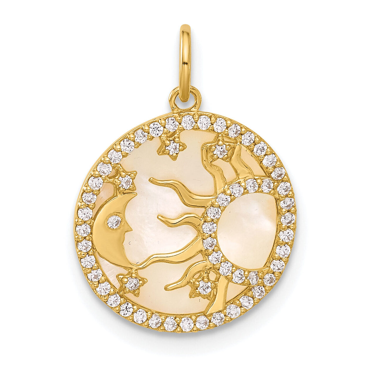 10K Polished CZ and Mother of Pearl Sun Moon and Stars Disc Charm-10C1490