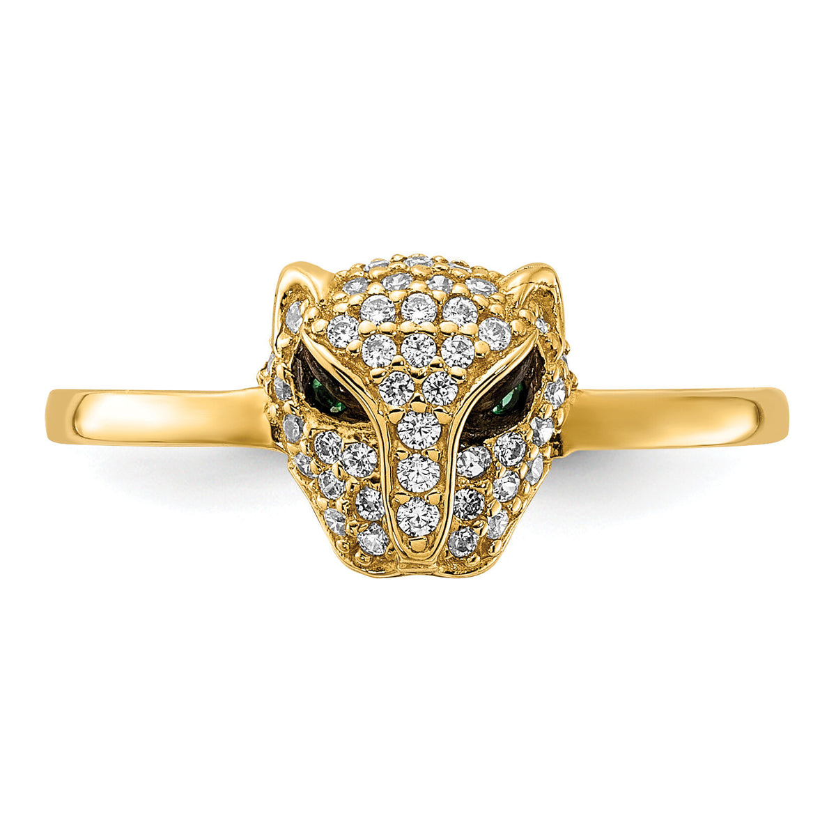 10K Polished Clear and Green CZ Lioness Head Ring-10C1505