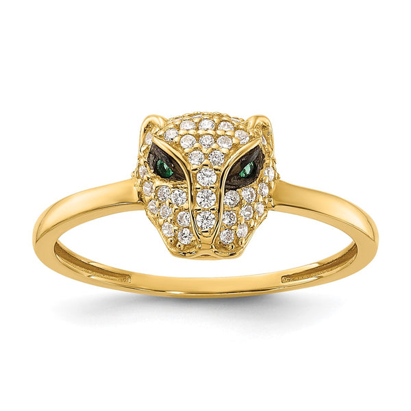 10K Polished Clear and Green CZ Lioness Head Ring-10C1505