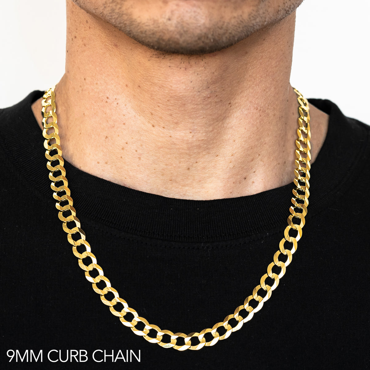 10K 9MM YELLOW GOLD HOLLOW CURB 22" CHAIN NECKLACE (AVAILABLE IN LENGTHS 7" - 30")