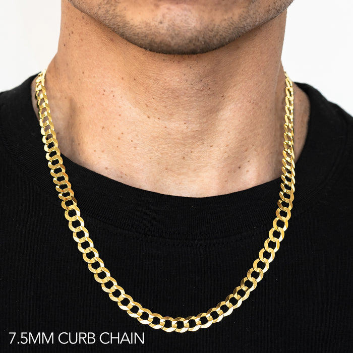 10K 7.5MM YELLOW GOLD HOLLOW CURB 30" CHAIN NECKLACE (AVAILABLE IN LENGTHS 7" - 30")