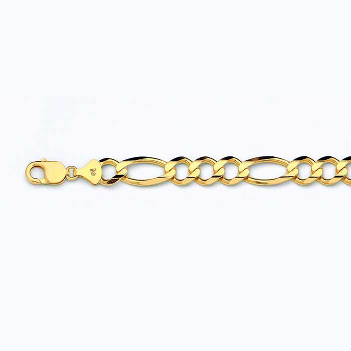 10K 12MM YELLOW GOLD SOLID FIGARO 9" CHAIN BRACELET (AVAILABLE IN LENGTHS 7" - 30")