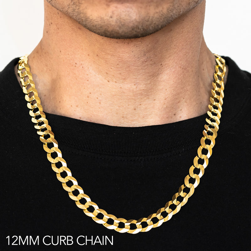 10K 12MM YELLOW GOLD SOLID CURB 16" CHAIN NECKLACE (AVAILABLE IN LENGTHS 7" - 30")