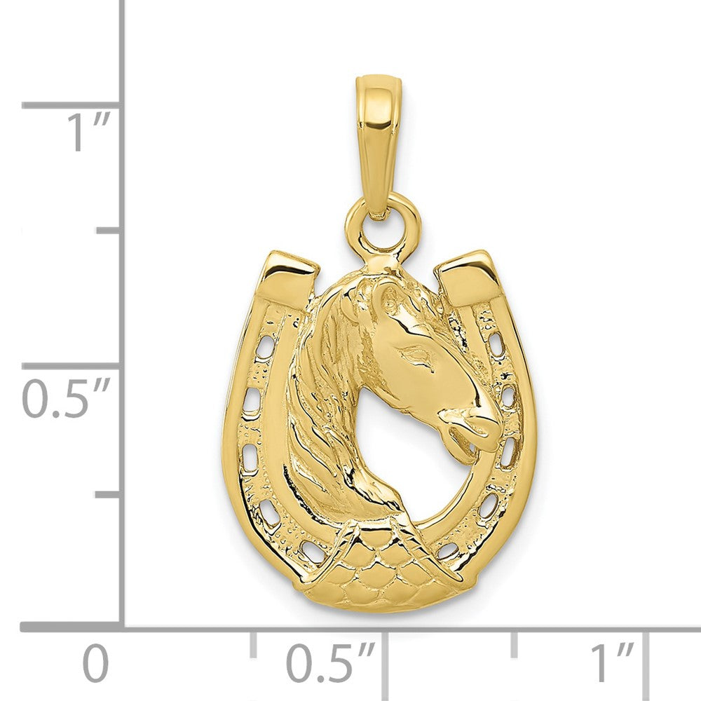 10k Solid Polished Horse Head in Horseshoe Pendant-10C2201