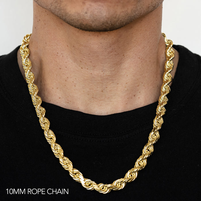 10K 10MM YELLOW GOLD DC HOLLOW ROPE 30" CHAIN NECKLACE (AVAILABLE IN LENGTHS 7" - 30")