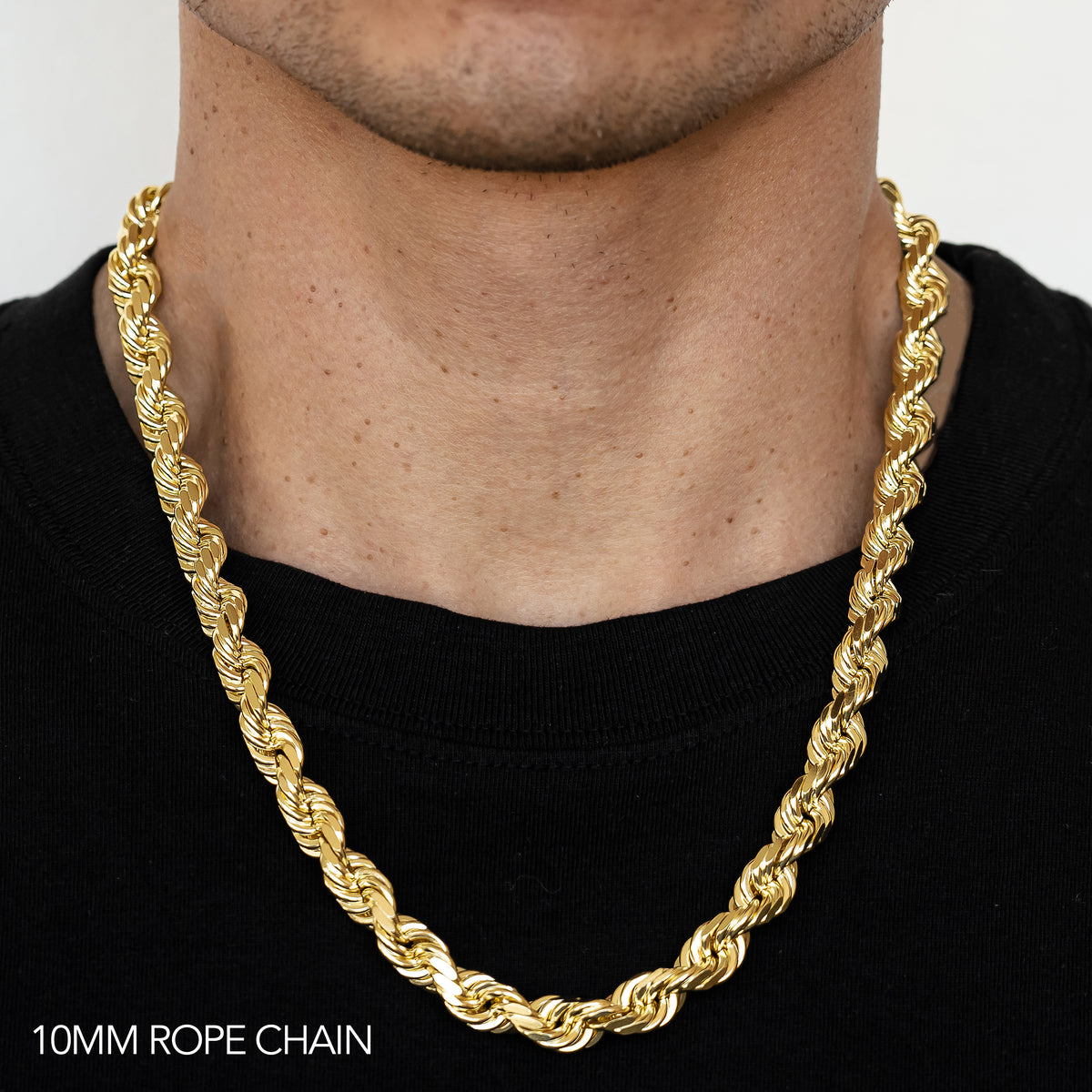 10K 10MM YELLOW GOLD DC HOLLOW ROPE 18" CHAIN NECKLACE (AVAILABLE IN LENGTHS 7" - 30")