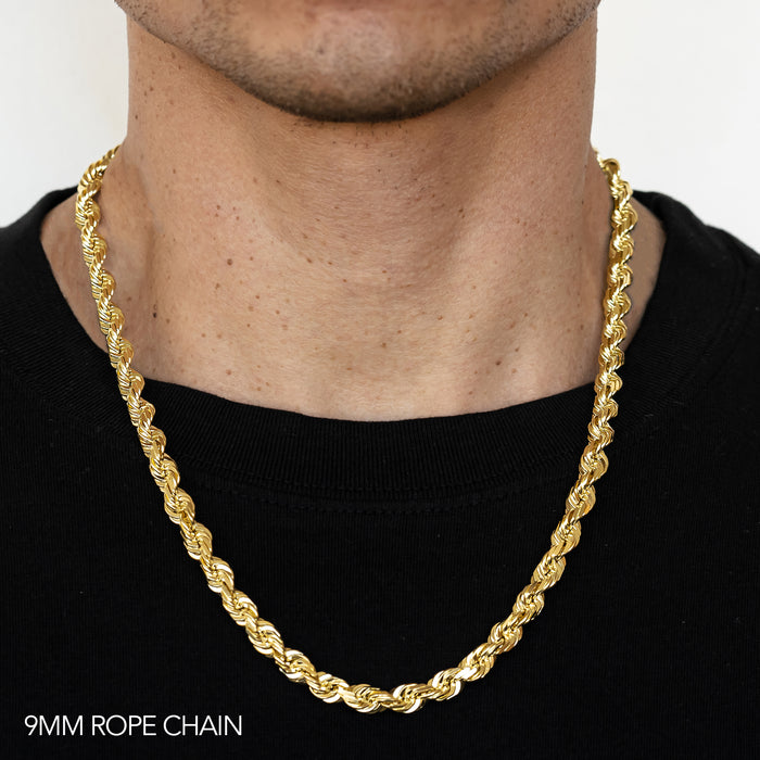 10K 9MM YELLOW GOLD DC HOLLOW ROPE 22" CHAIN NECKLACE (AVAILABLE IN LENGTHS 7" - 30")