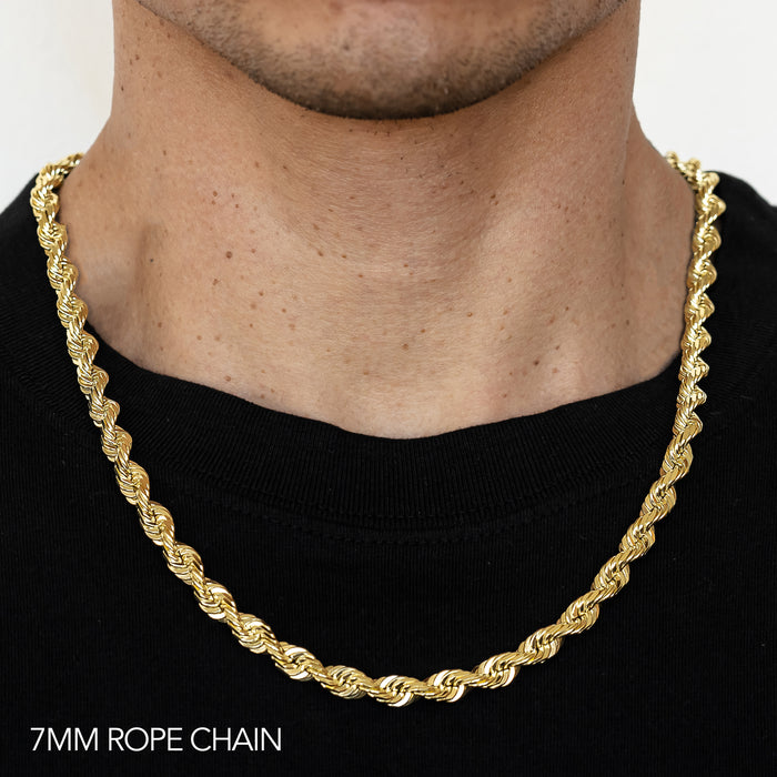 10K 7MM YELLOW GOLD DC HOLLOW ROPE 16" CHAIN NECKLACE (AVAILABLE IN LENGTHS 7" - 30")