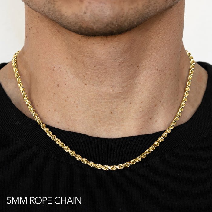 10K 5MM YELLOW GOLD DC HOLLOW ROPE 30" CHAIN NECKLACE (AVAILABLE IN LENGTHS 7" - 30")