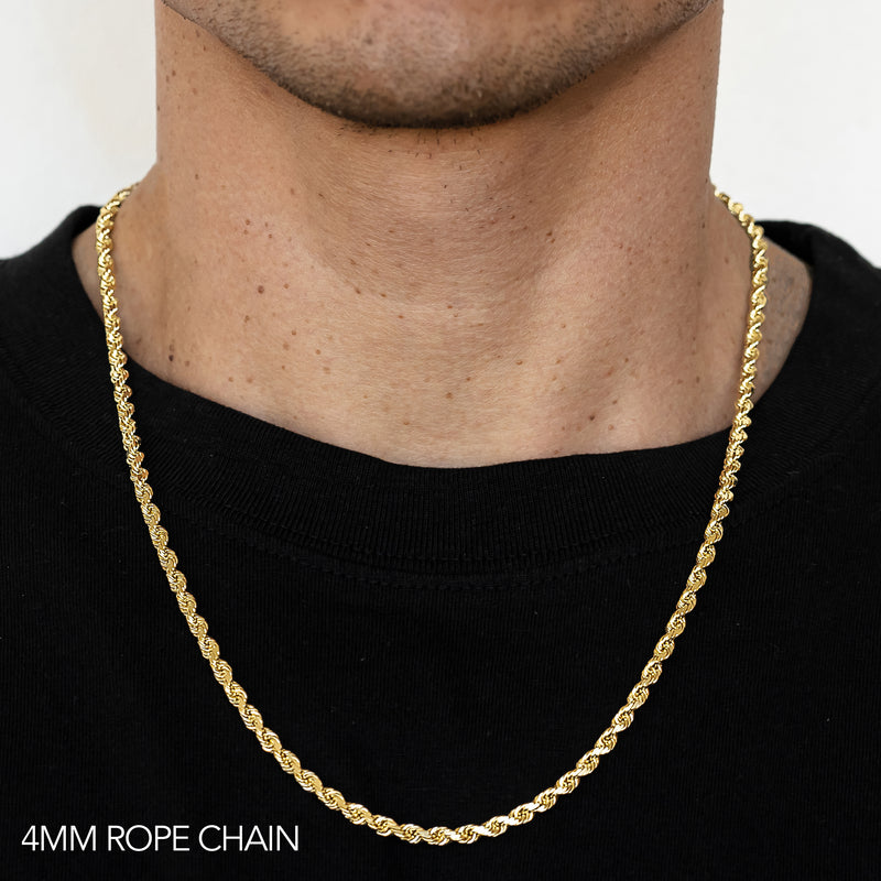 10K 4MM YELLOW GOLD DC HOLLOW ROPE 28" CHAIN NECKLACE (AVAILABLE IN LENGTHS 7" - 30")