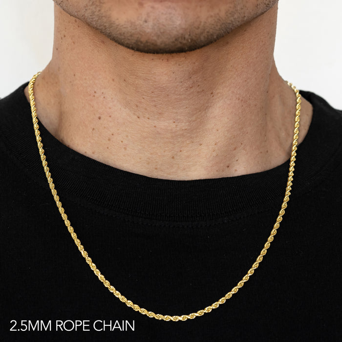 10K 2.5MM YELLOW GOLD DC HOLLOW ROPE 16" CHAIN NECKLACE (AVAILABLE IN LENGTHS 7" - 30")