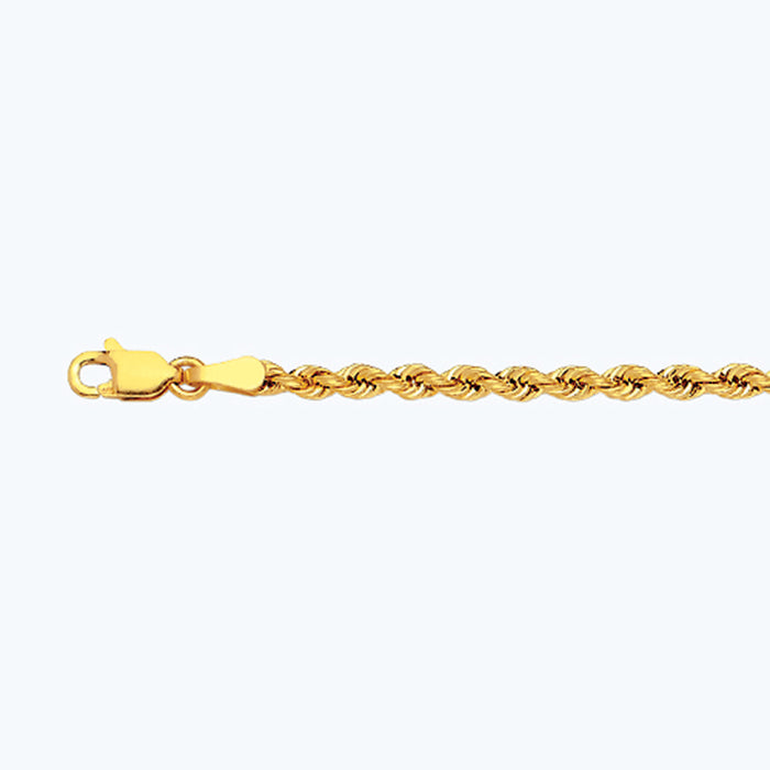 10K 2.5MM YELLOW GOLD DC HOLLOW ROPE 9" CHAIN BRACELET (AVAILABLE IN LENGTHS 7" - 30")