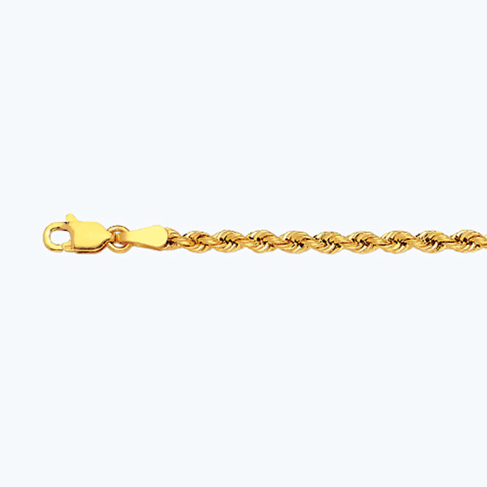 10K 2.5MM YELLOW GOLD DC HOLLOW ROPE 7" CHAIN BRACELET (AVAILABLE IN LENGTHS 7" - 30")