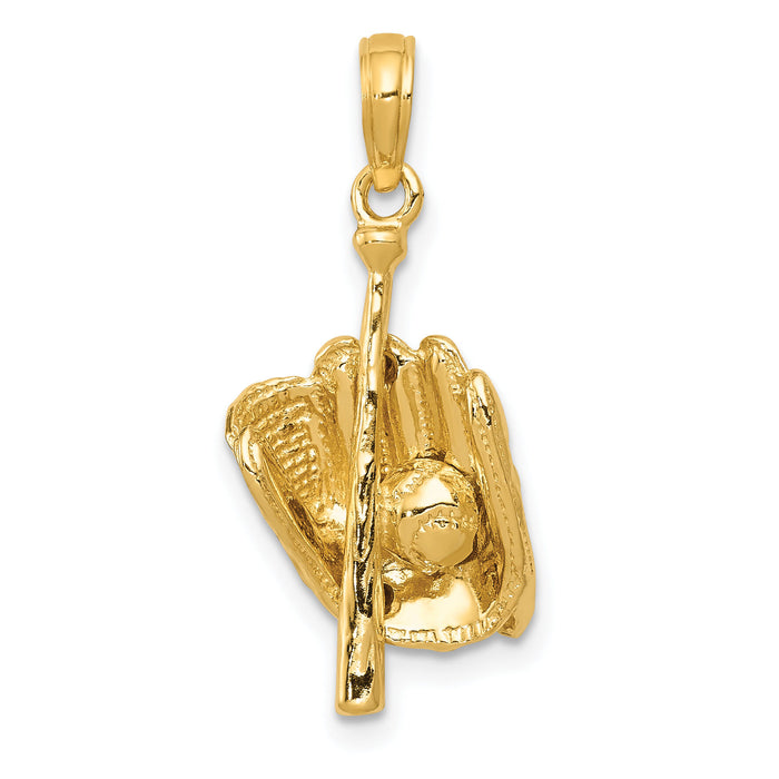 10K Polished 3-D Glove/Bat/Ball Baseball Pendant-10C2656