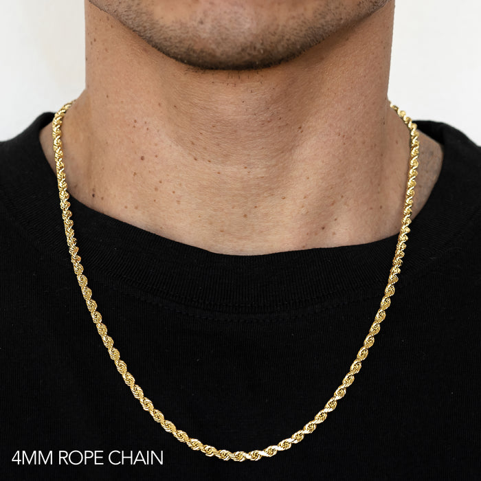 10K 4MM YELLOW GOLD SOLID DC ROPE 28" CHAIN NECKLACE (AVAILABLE IN LENGTHS 7" - 30")