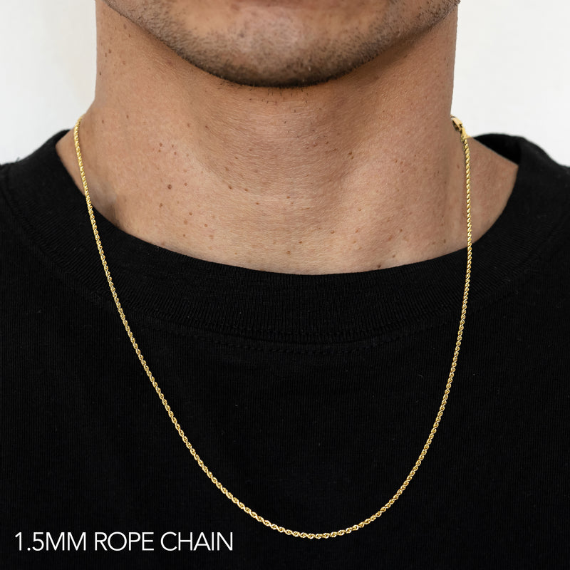 18K 1.5MM YELLOW GOLD SOLID DC ROPE 20" CHAIN NECKLACE (AVAILABLE IN LENGTHS 7" - 30")