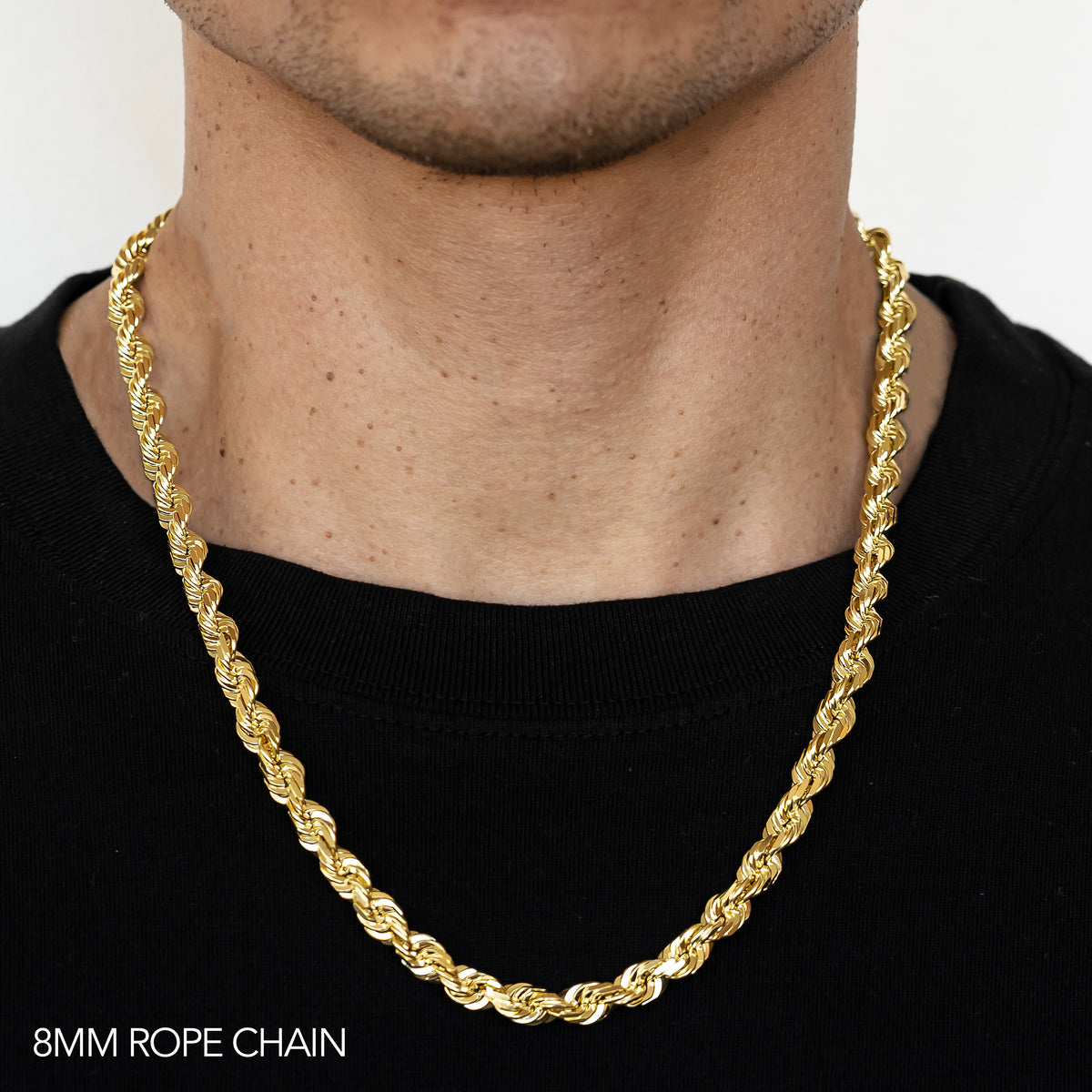 10K 8MM YELLOW GOLD SOLID DC ROPE 22" CHAIN NECKLACE (AVAILABLE IN LENGTHS 7" - 30")