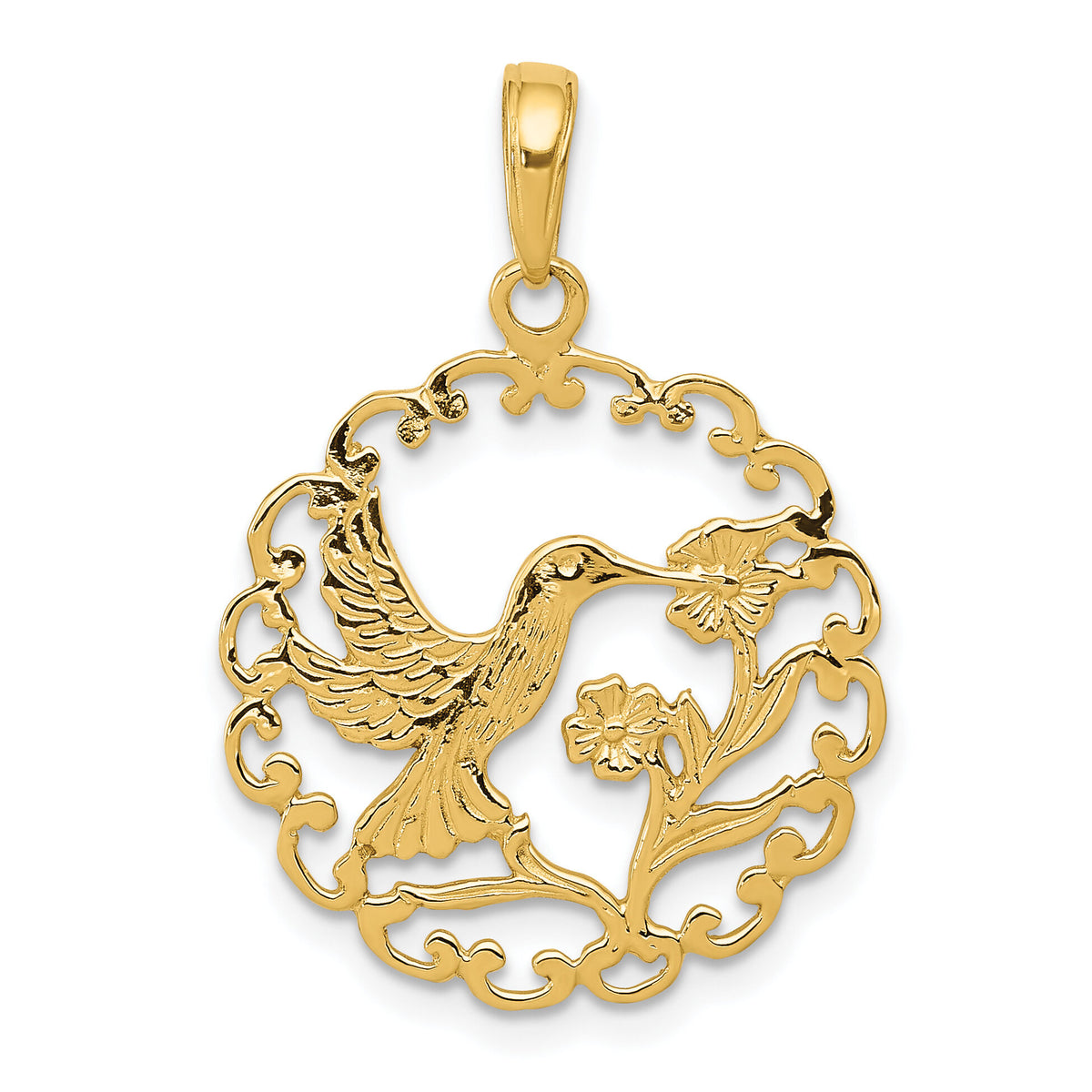 10k Hummingbird in Round Frame Pendant-10C3478