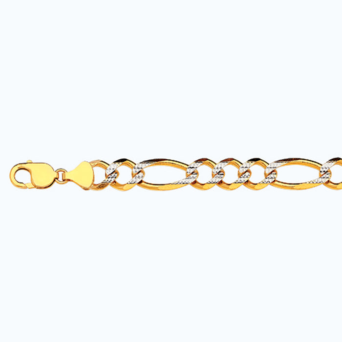 10K 12MM YELLOW GOLD SOLID PAVE FIGARO 9" CHAIN BRACELET (AVAILABLE IN LENGTHS 7" - 30")