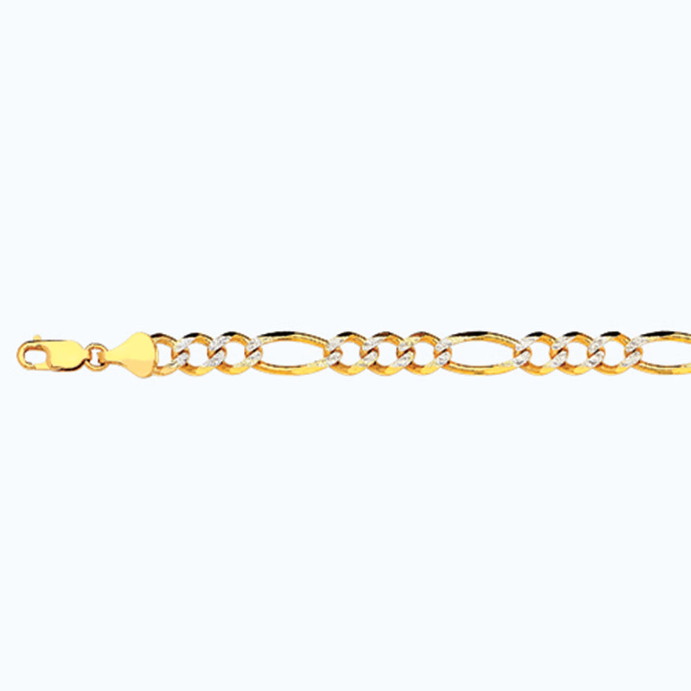 10K 8MM YELLOW GOLD SOLID PAVE FIGARO 9" CHAIN BRACELET (AVAILABLE IN LENGTHS 7" - 30")