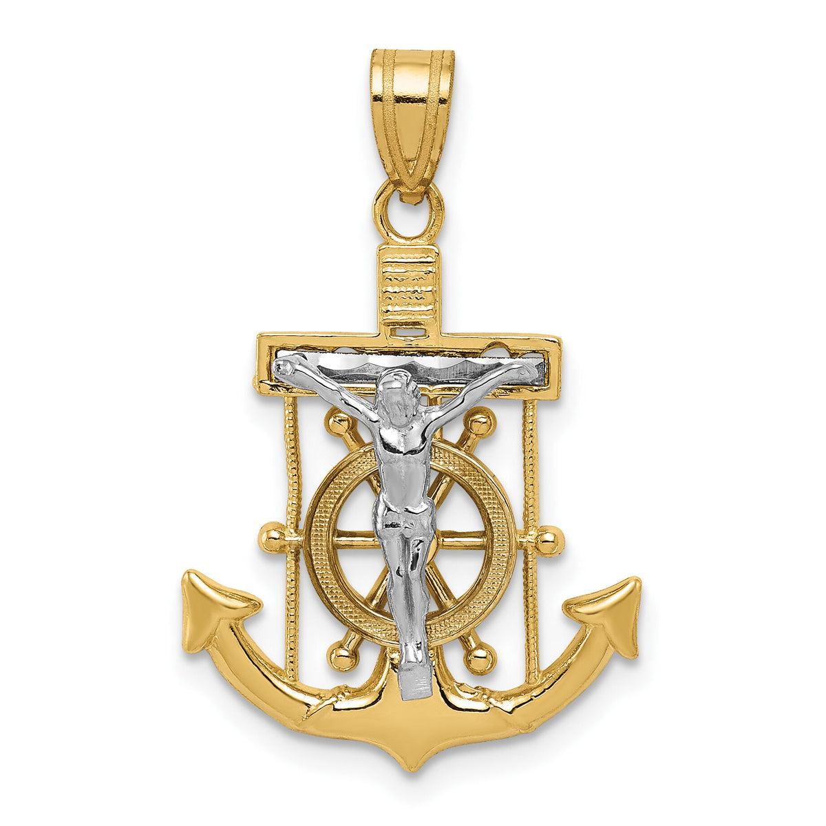 10k Two-tone Diamond-cut Mariner's Cross Pendant-10C3714