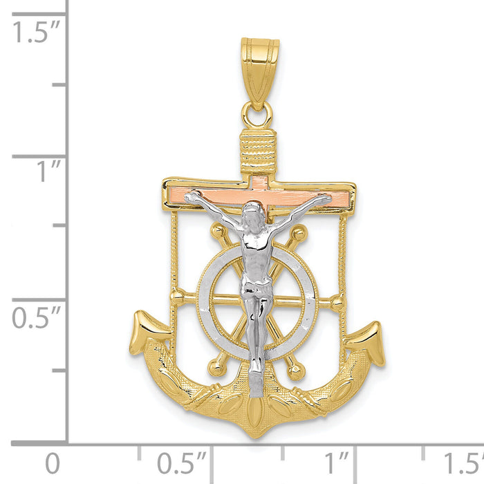 10k Tri-color Diamond-cut w/Textured Mariner's Cross Pendant-10C3931