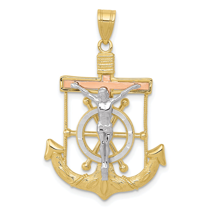 10k Tri-color Diamond-cut w/Textured Mariner's Cross Pendant-10C3931