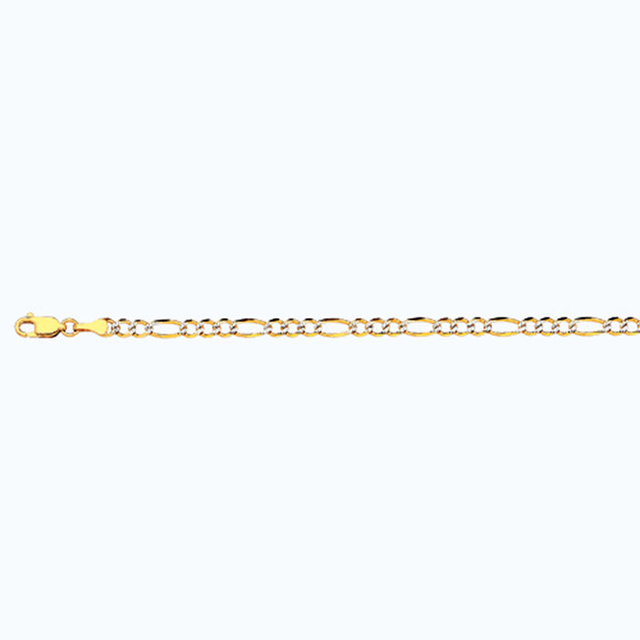 14K 3.5MM YELLOW GOLD SOLID PAVE FIGARO 8" CHAIN BRACELET (AVAILABLE IN LENGTHS 7" - 30")
