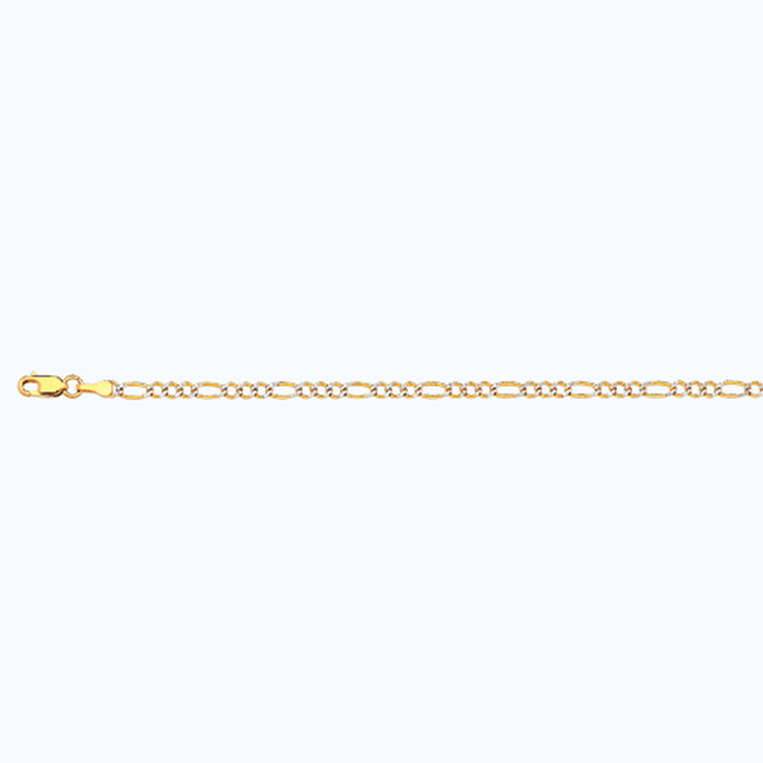 14K 2.5MM YELLOW GOLD SOLID PAVE FIGARO 7.5" CHAIN BRACELET (AVAILABLE IN LENGTHS 7" - 30")