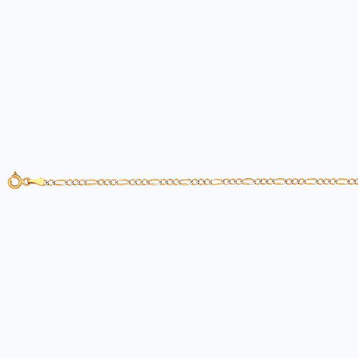 10K 2MM YELLOW GOLD SOLID PAVE FIGARO 7" CHAIN BRACELET (AVAILABLE IN LENGTHS 7" - 30")