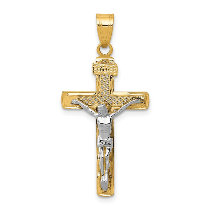 10K Two-tone D/C Medium Block Lattice Cross w/Crucifix Pendant-10C4348