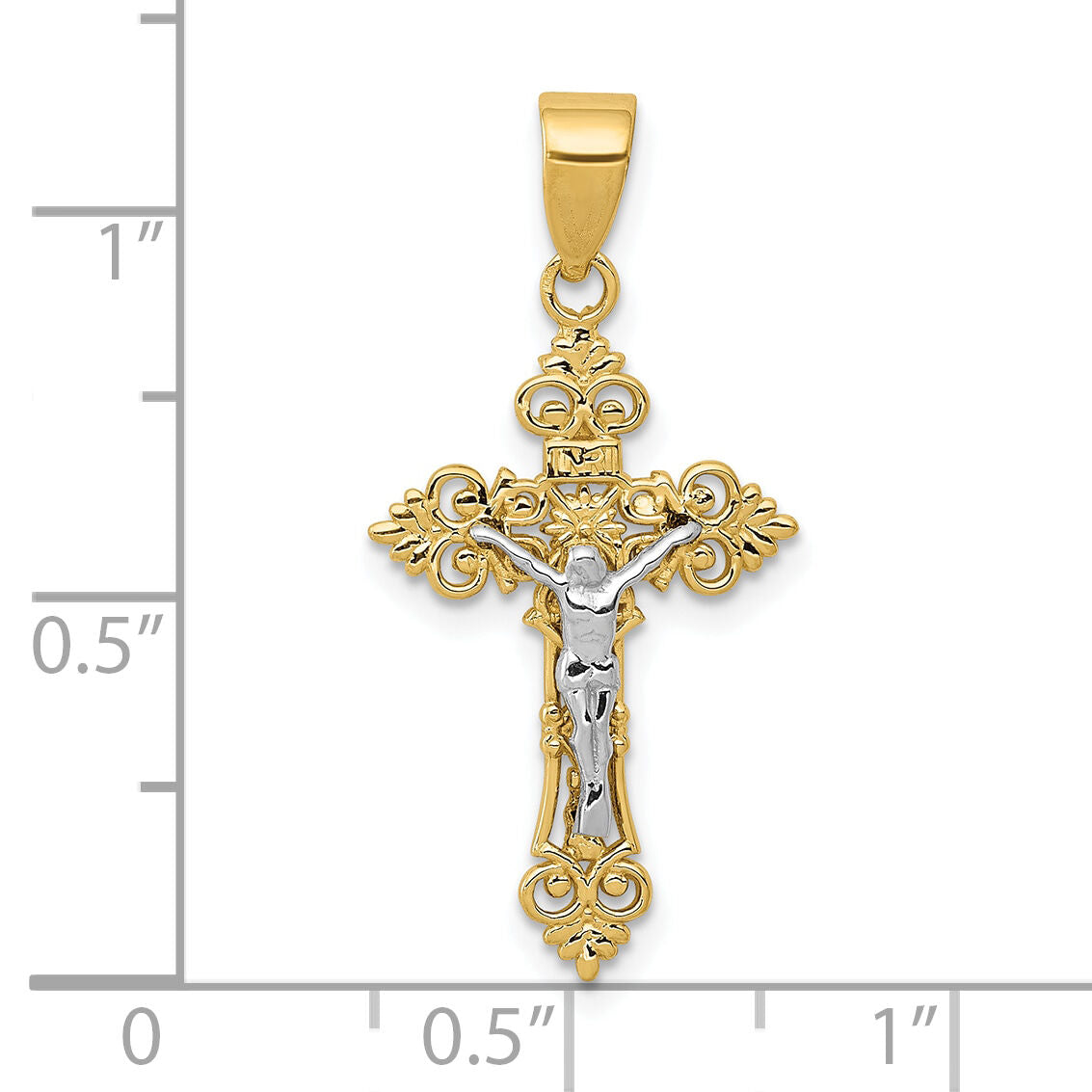 10K Two-tone Small Lacey-edged INRI Crucifix Pendant-10C4386