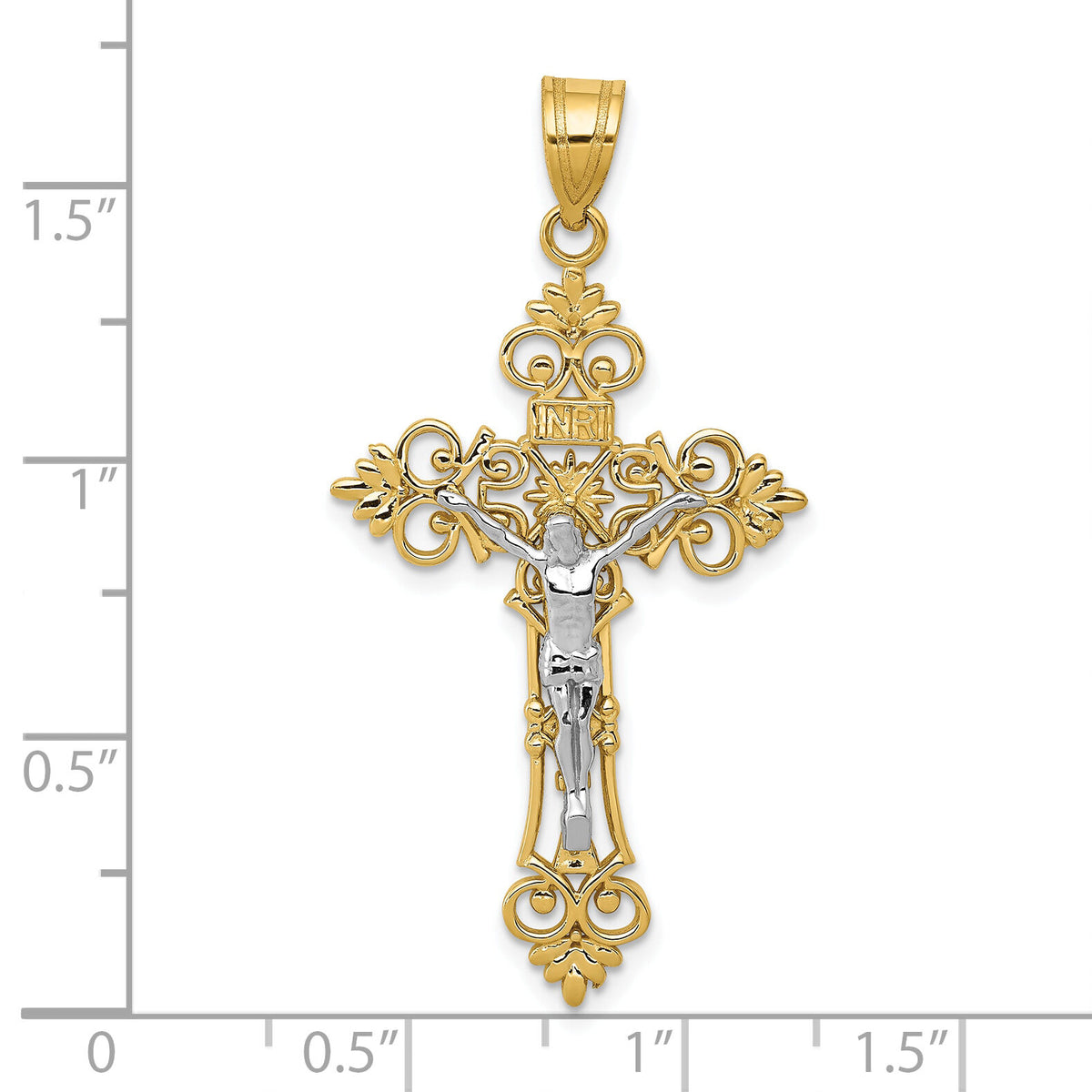10K Two-tone Large Lacey-edged INRI Crucifix Pendant-10C4388