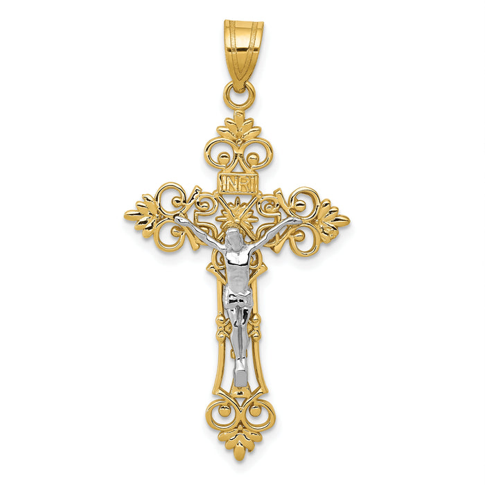 10K Two-tone Large Lacey-edged INRI Crucifix Pendant-10C4388