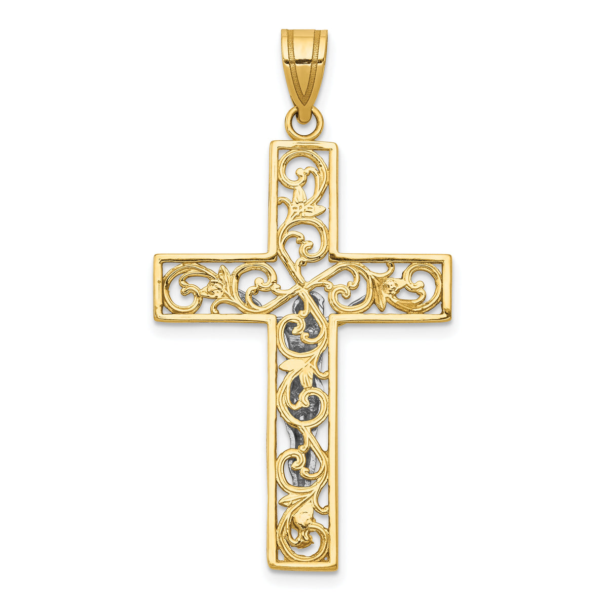 10K Two-tone D/C Large Block Filigree Cross w/Crucifix Pendant-10C4394