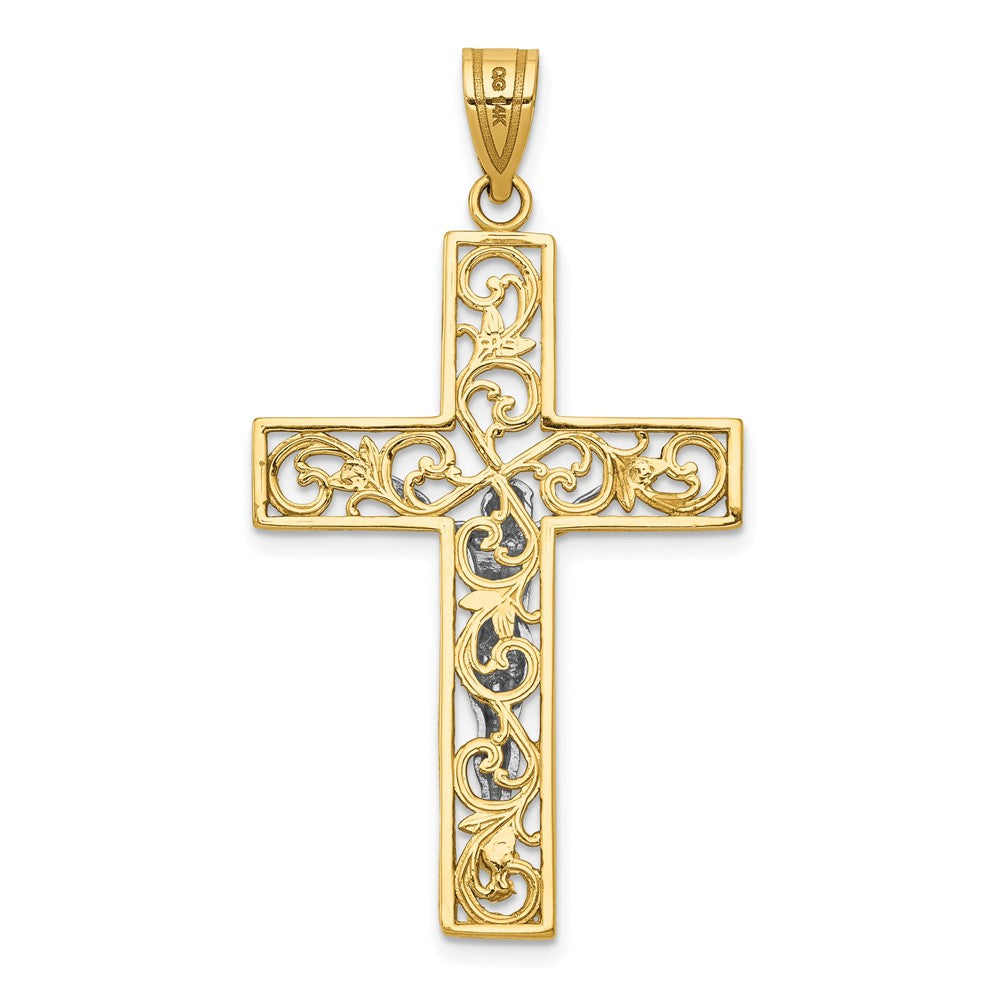 10K Two-tone D/C Large Block Filigree Cross w/Crucifix Pendant-10C4394